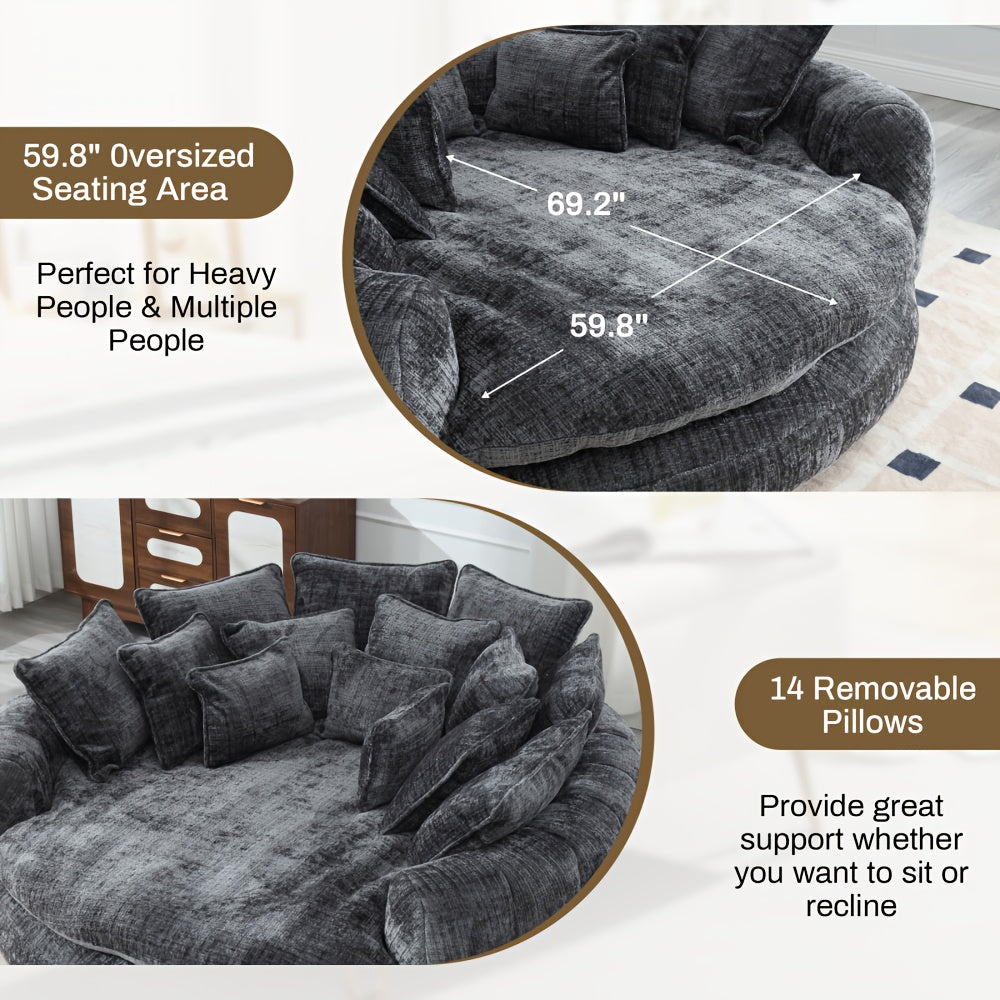81" Upholstered Chenille Round Sofa Bed with Plush Fluffy Cushion