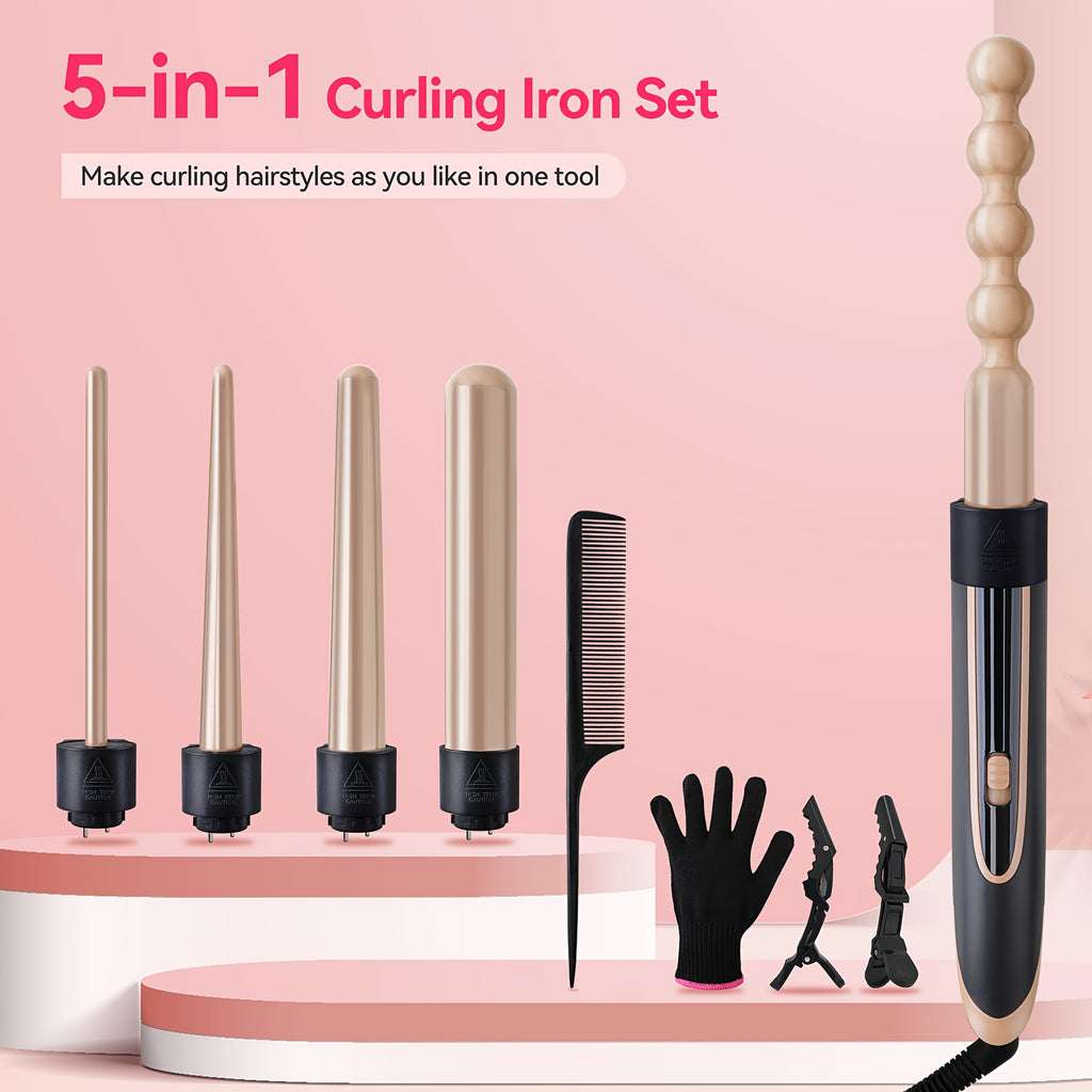 Hair Curling Wand 5in 1 Hair Curlers Iron Set 0.4" - 1.25" with 5 Ceramic Interchangeable Barrel