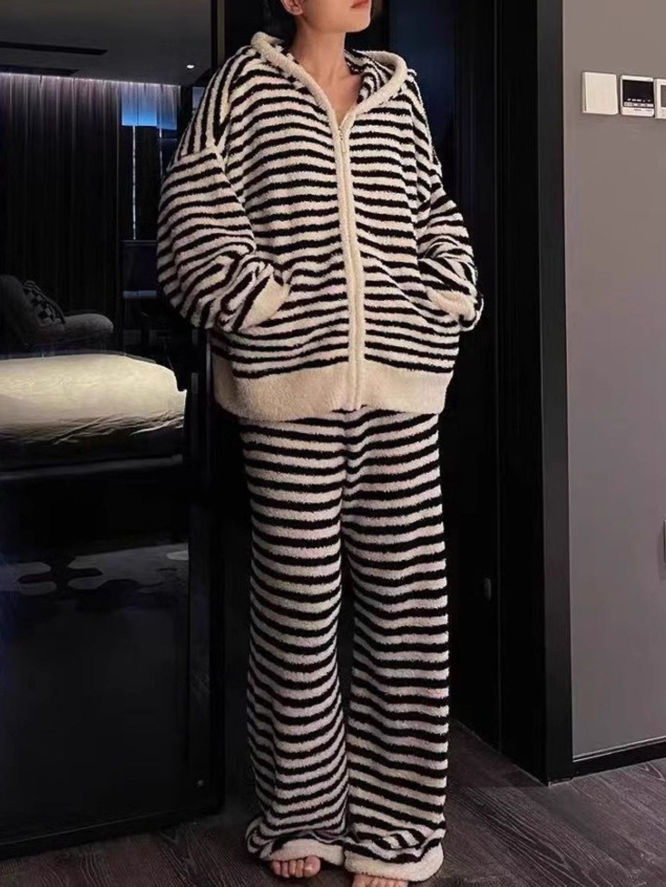 Winter Hooded Striped Pajama Set for Women, Cozy Wearable Loungewear