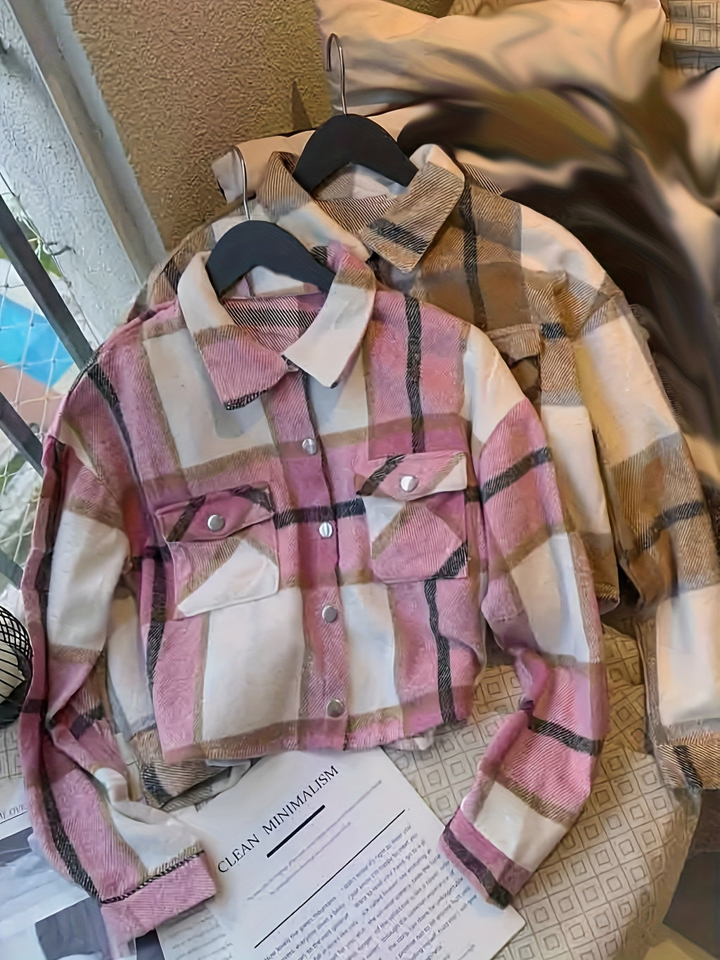 Women'S Plaid Shirt Set - Casual Long Sleeve, Button-Up, Square Neck, Short Length, Fall/Winter Collection, Casual Attire|Plaid Pattern|Sleeveless Shirt