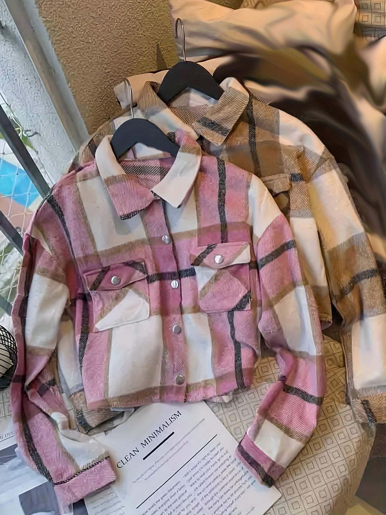 Women'S Plaid Shirt Set - Casual Long Sleeve, Button-Up, Square Neck, Short Length, Fall/Winter Collection, Casual Attire|Plaid Pattern|Sleeveless Shirt