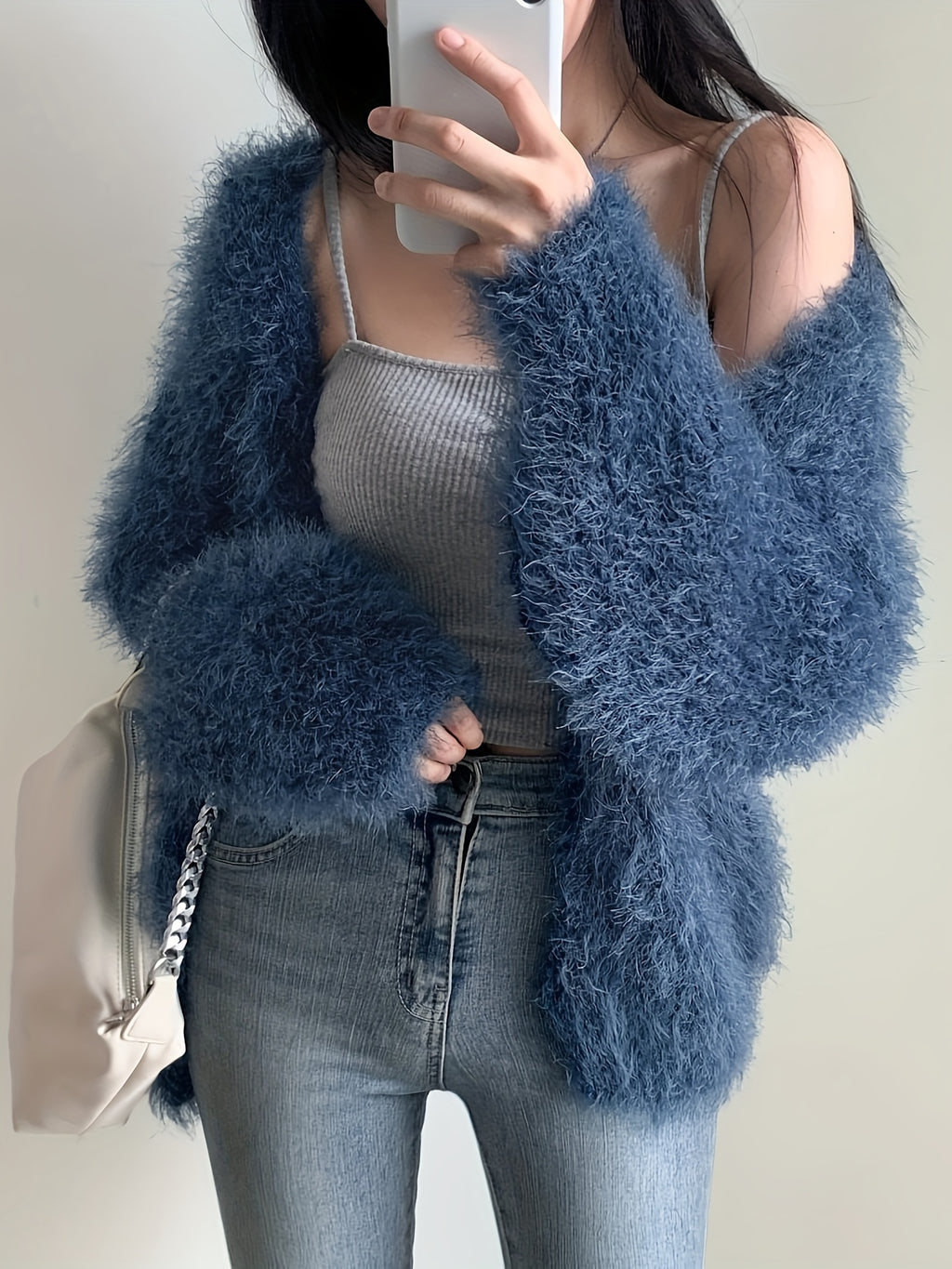 Women's Cozy V-Neck Sweater Coat Imitation Mink Cardigan - Loose Fit Long Sleeve Medium Stretch Fall Winter Casual Outerwear, Cute Sweater, Seasonal Wardrobe, Relaxed Silhouette, Soft Fabric, Casual Attire