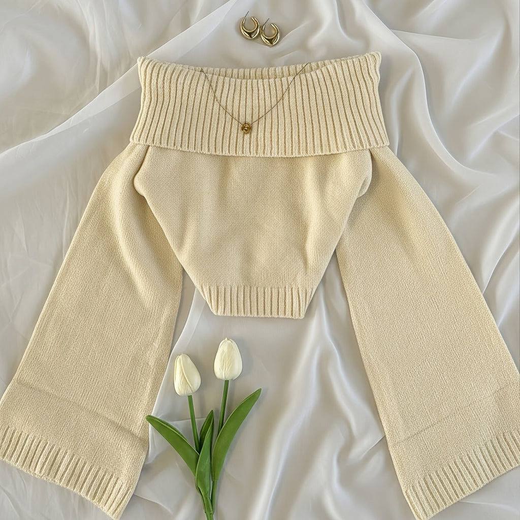 Elegant Off-Shoulder Solid Color Short Long-Sleeve Sweater Top