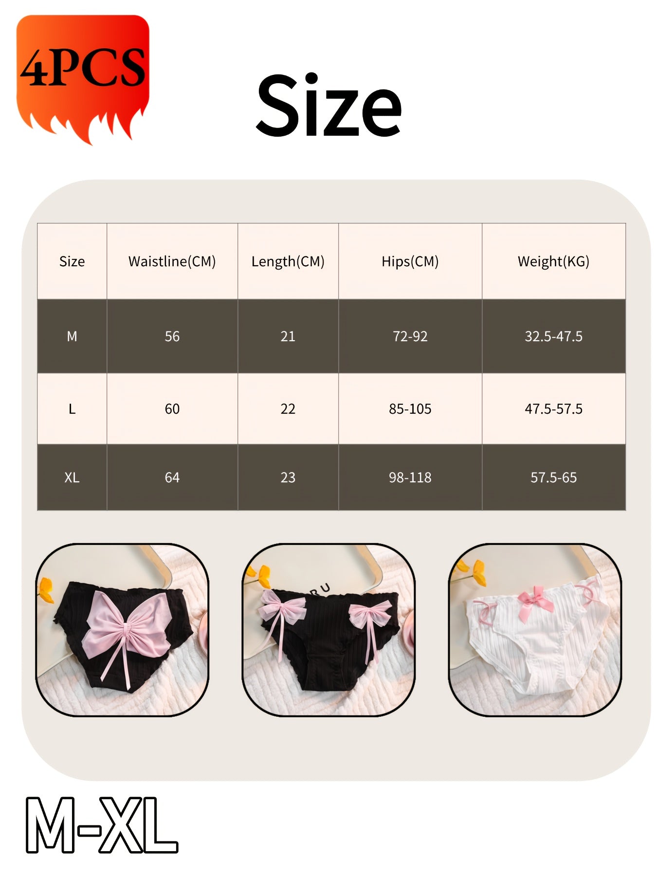 4 Black Pink Comfortable Underwear with Mid Waist Thread Bow