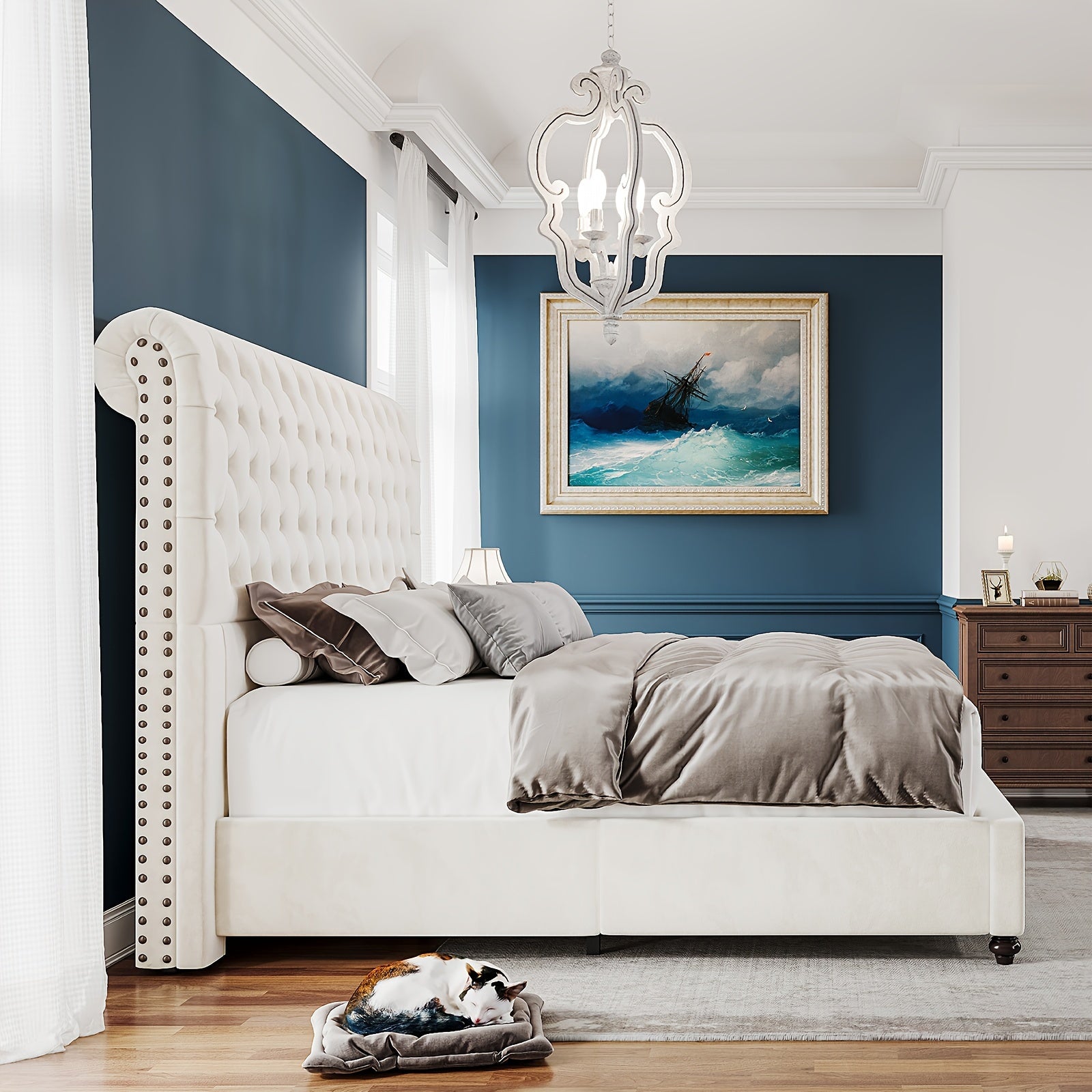 Velvet Bed Frame with Button Tufted 52.8" Tall Sleigh Headboard