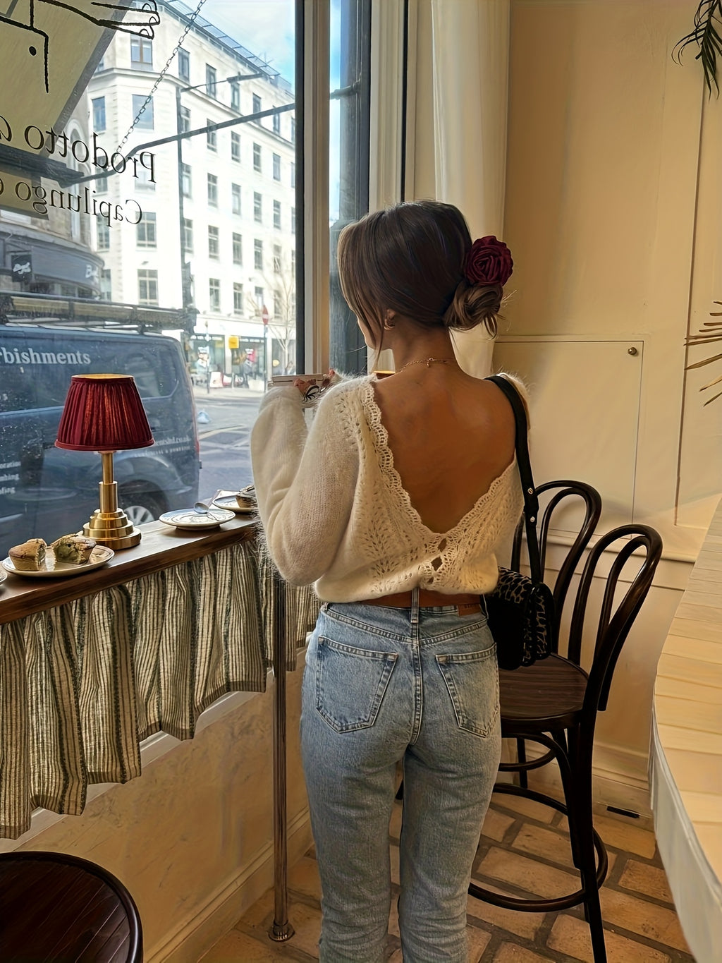 Backless Crochet Button Design Long Sleeve Pullover Sweater