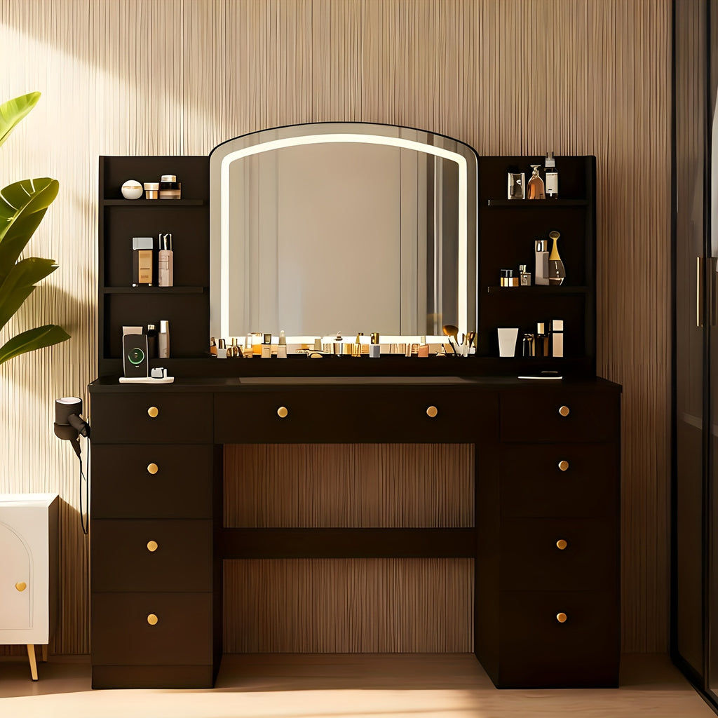 Modern White Makeup Vanity Desk with Large LED Mirror & Charging Station