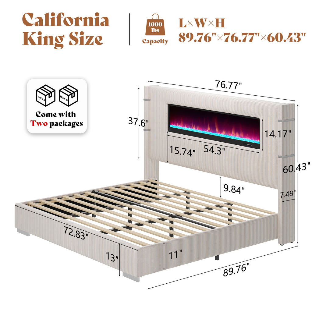 Modern California King Size Bed Frame with Electric Fireplace