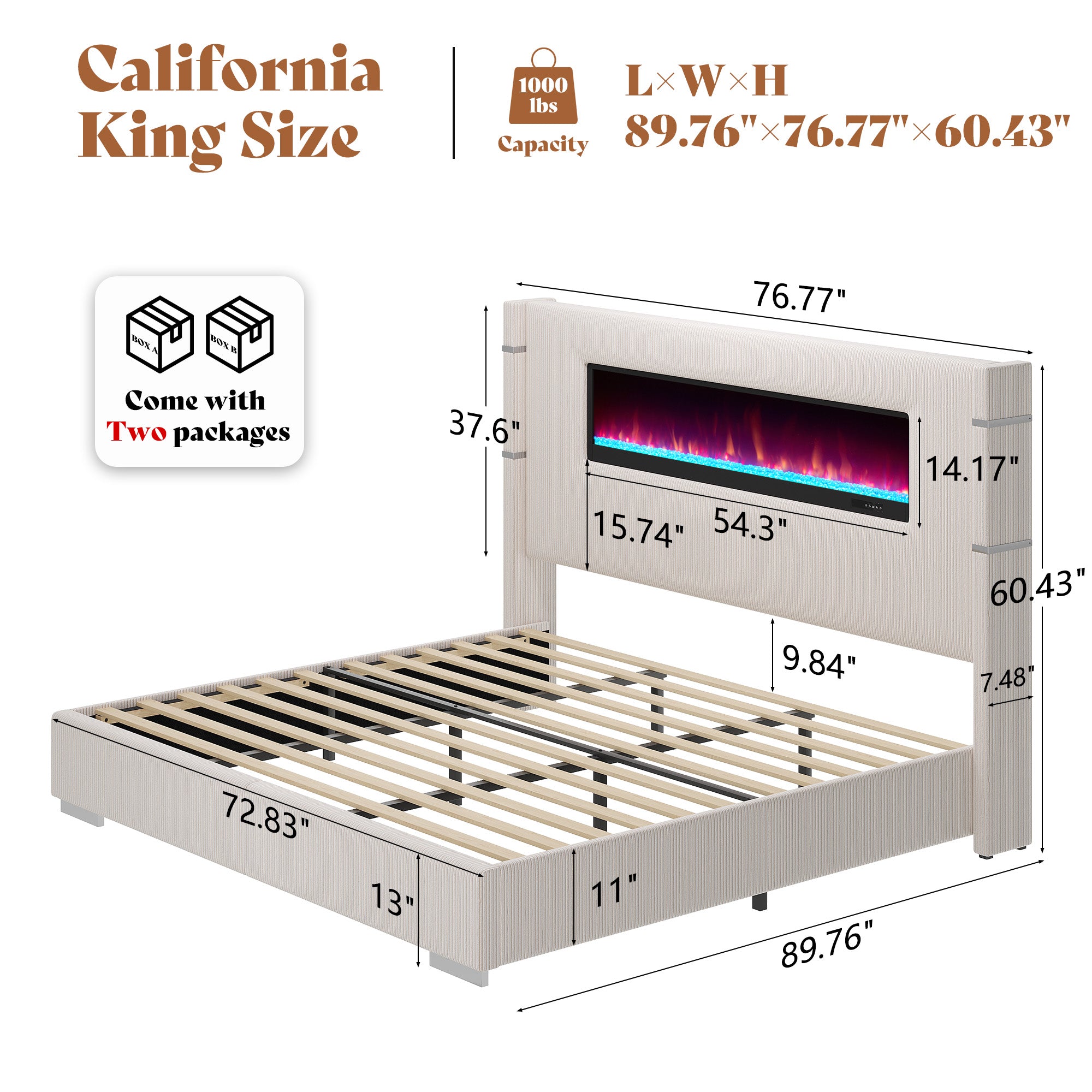 Modern California King Size Bed Frame with Electric Fireplace