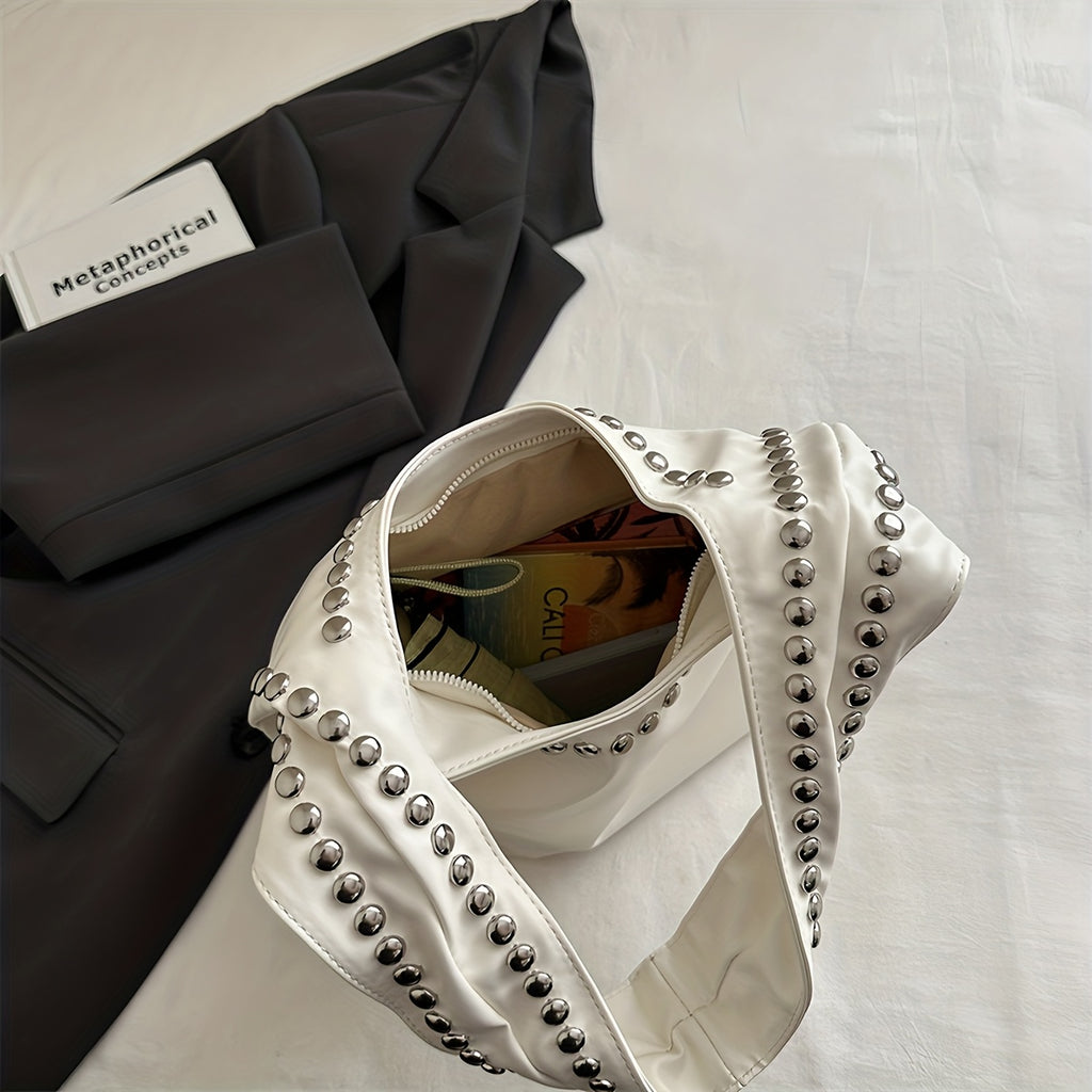 Women's Retro Punk Gothic Handbag - Edgy Shoulder Tote with Zipper Closure, White/Black Handheld Bag, Punk Style Purse for Casual & Formal Outfits, Durable Everyday Shoulder Bag