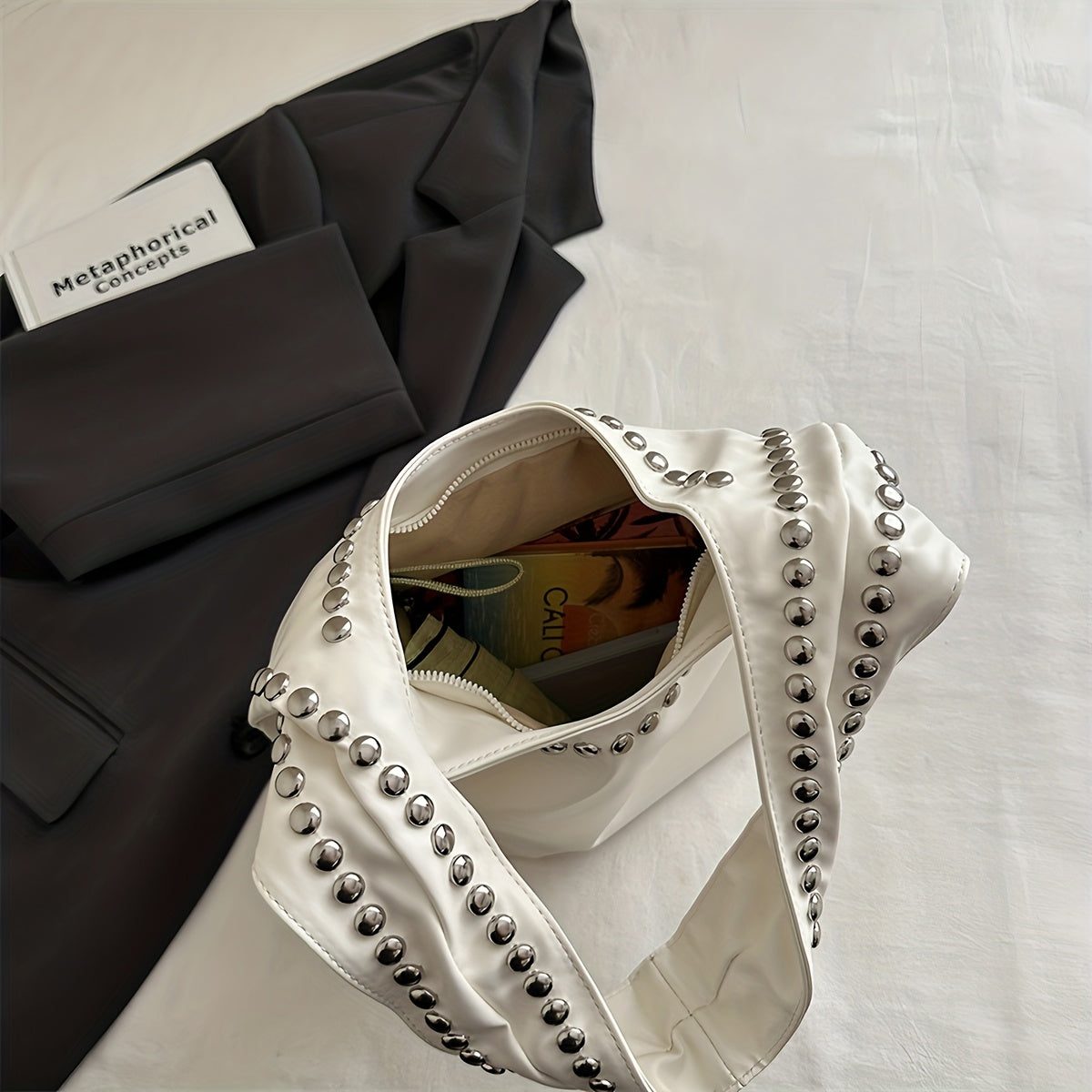 Women's Retro Punk Gothic Handbag - Edgy Shoulder Tote with Zipper Closure, White/Black Handheld Bag, Punk Style Purse for Casual & Formal Outfits, Durable Everyday Shoulder Bag