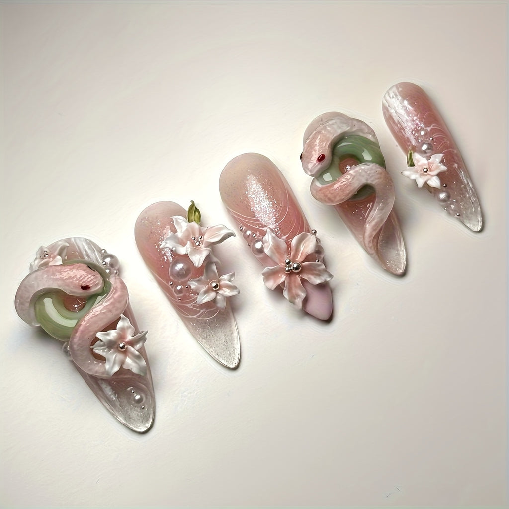 10pcs Handmade 3D Press-On Nails Almond Shape Short Length - Sweet & Edgy Snake & Flower Relief Designs with Glitter 3D Layered Nail Art Suitable for Women's Daily Wear, Parties, Christmas Gift (Handmade Press-On Nails)