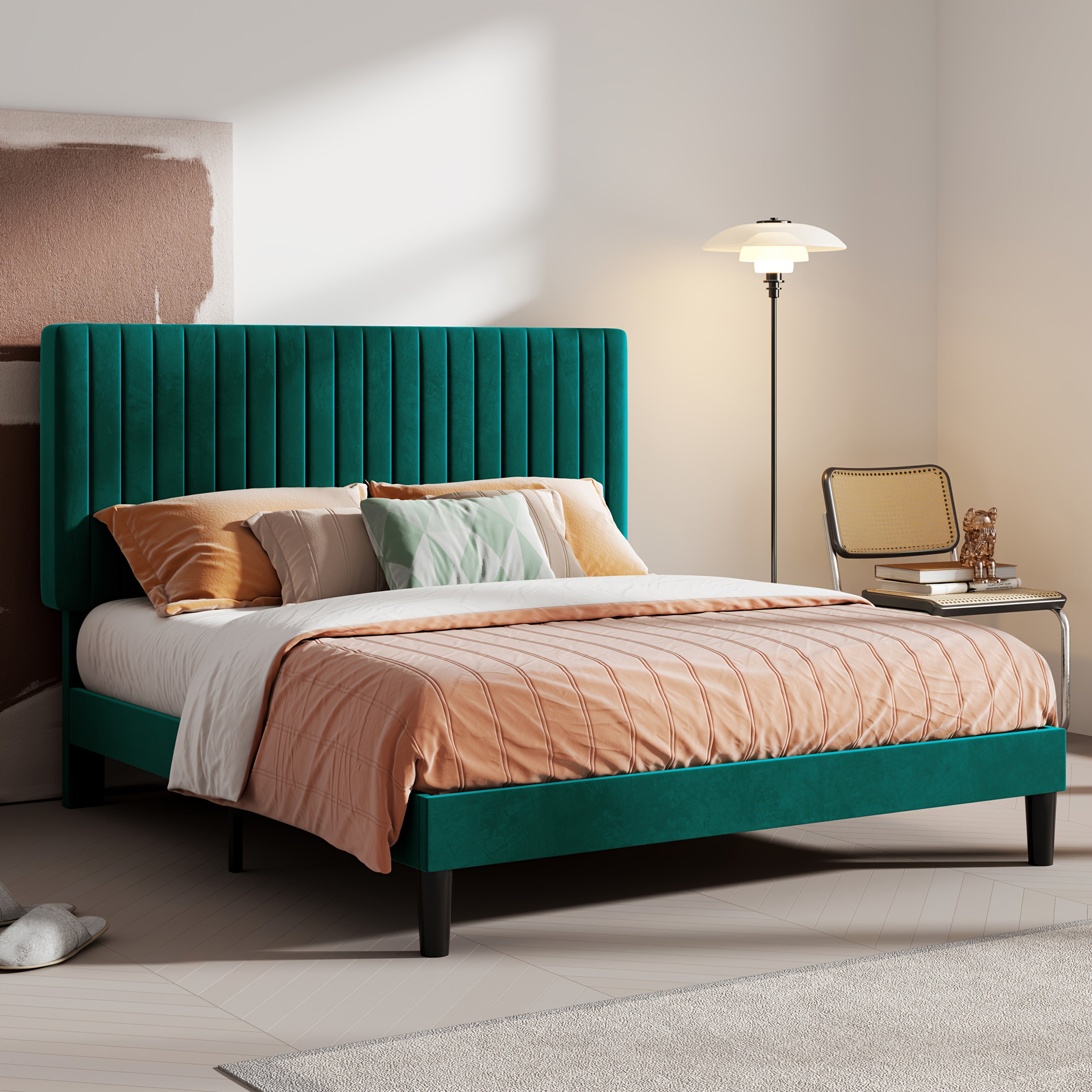 Modern Velvet Upholstered Bed Frame with Adjustable Headboard