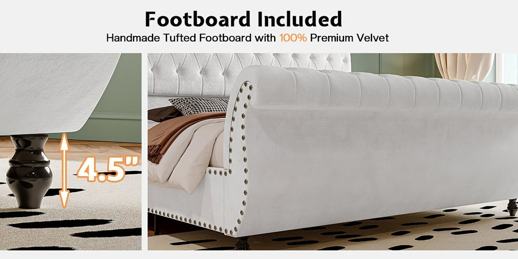 Velvet Upholstered Sleigh Bed With Scroll-Designed Headboard And Footboard