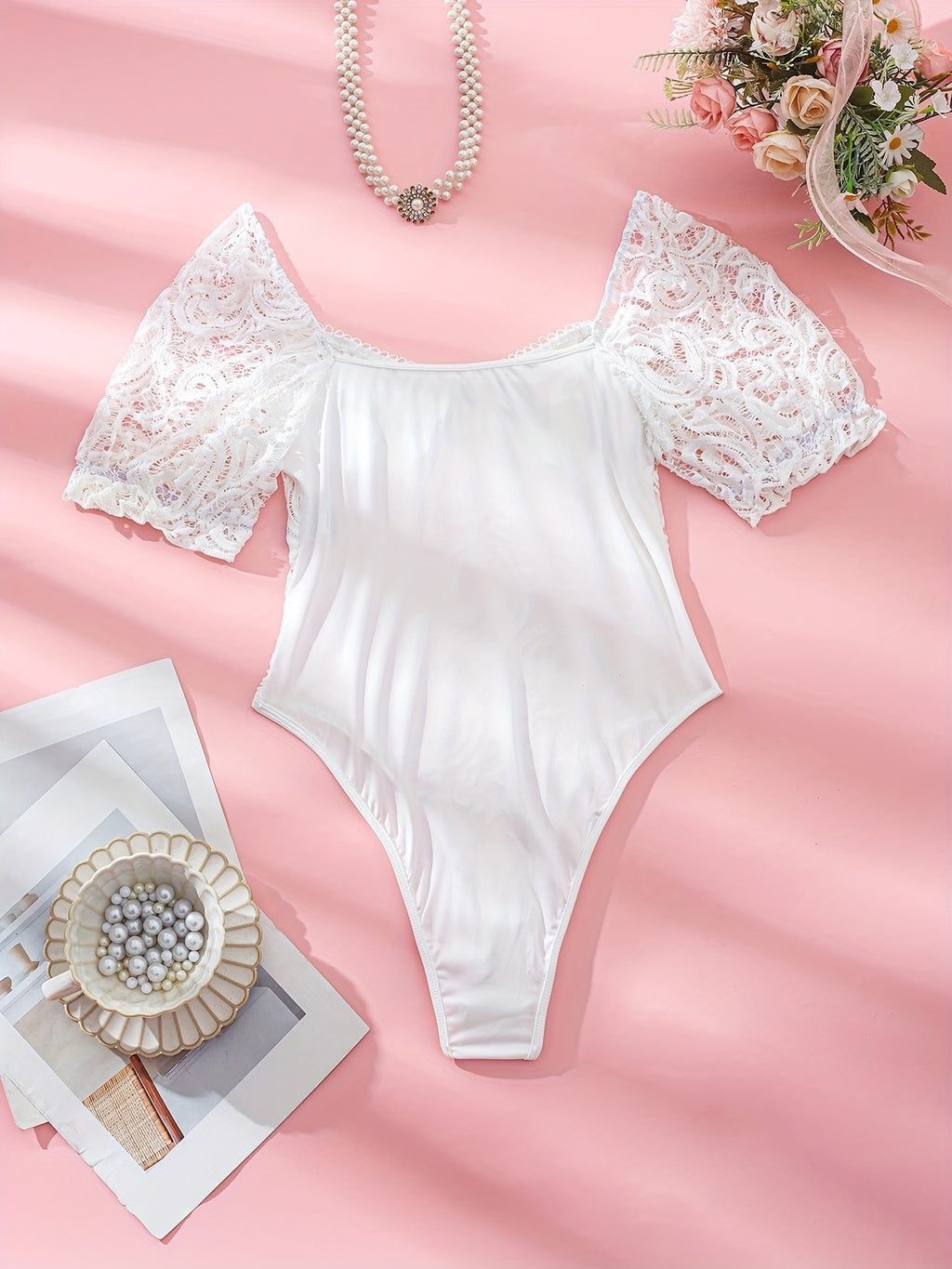 Floral Lace Teddy Bodysuit with Hollow-Out Design