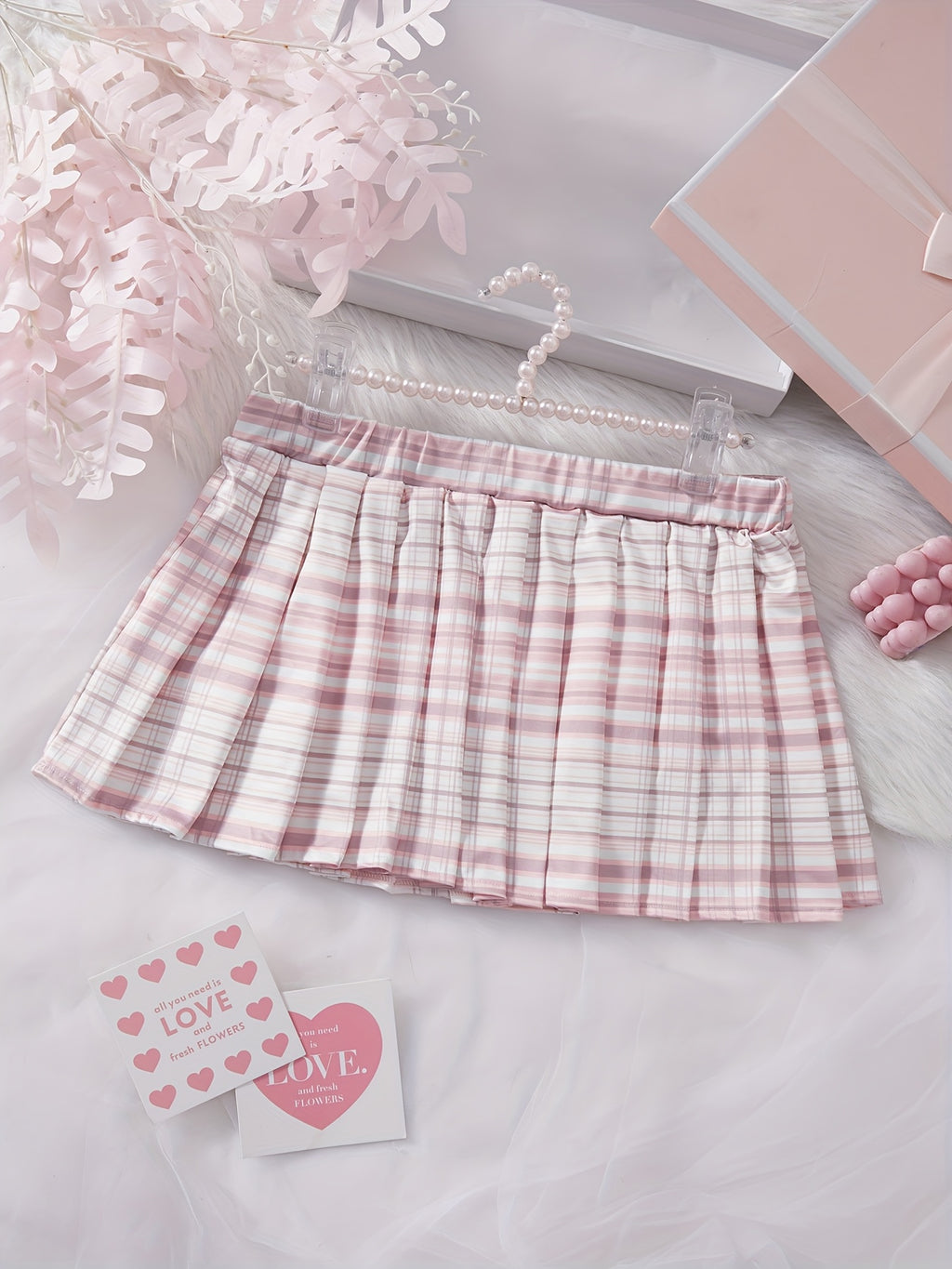 Pink & White Plaid Print Flared Skirt