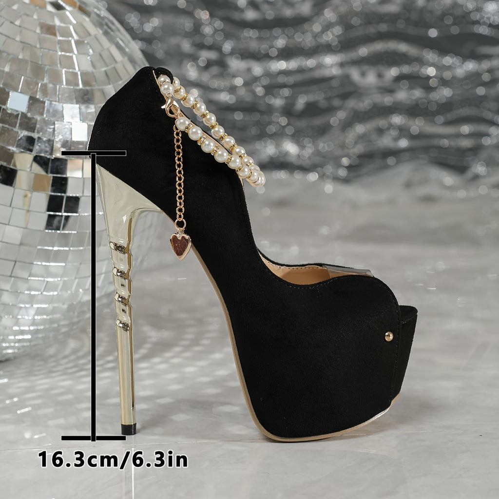Elegant Black  High Heels with Pearl Accents
