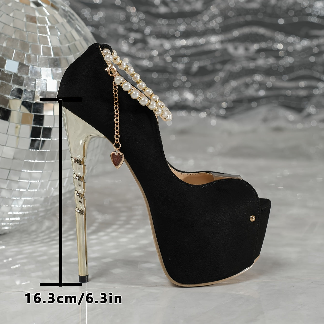 Elegant Black  High Heels with Pearl Accents