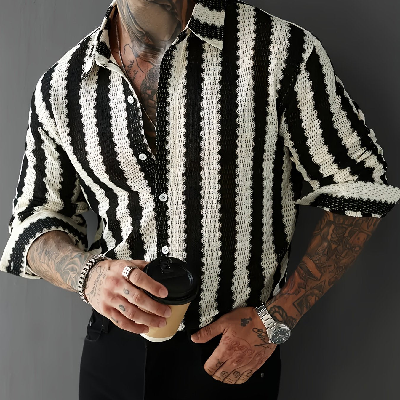 Black & White Houndstooth & Stripe Oversized Casual Shirt