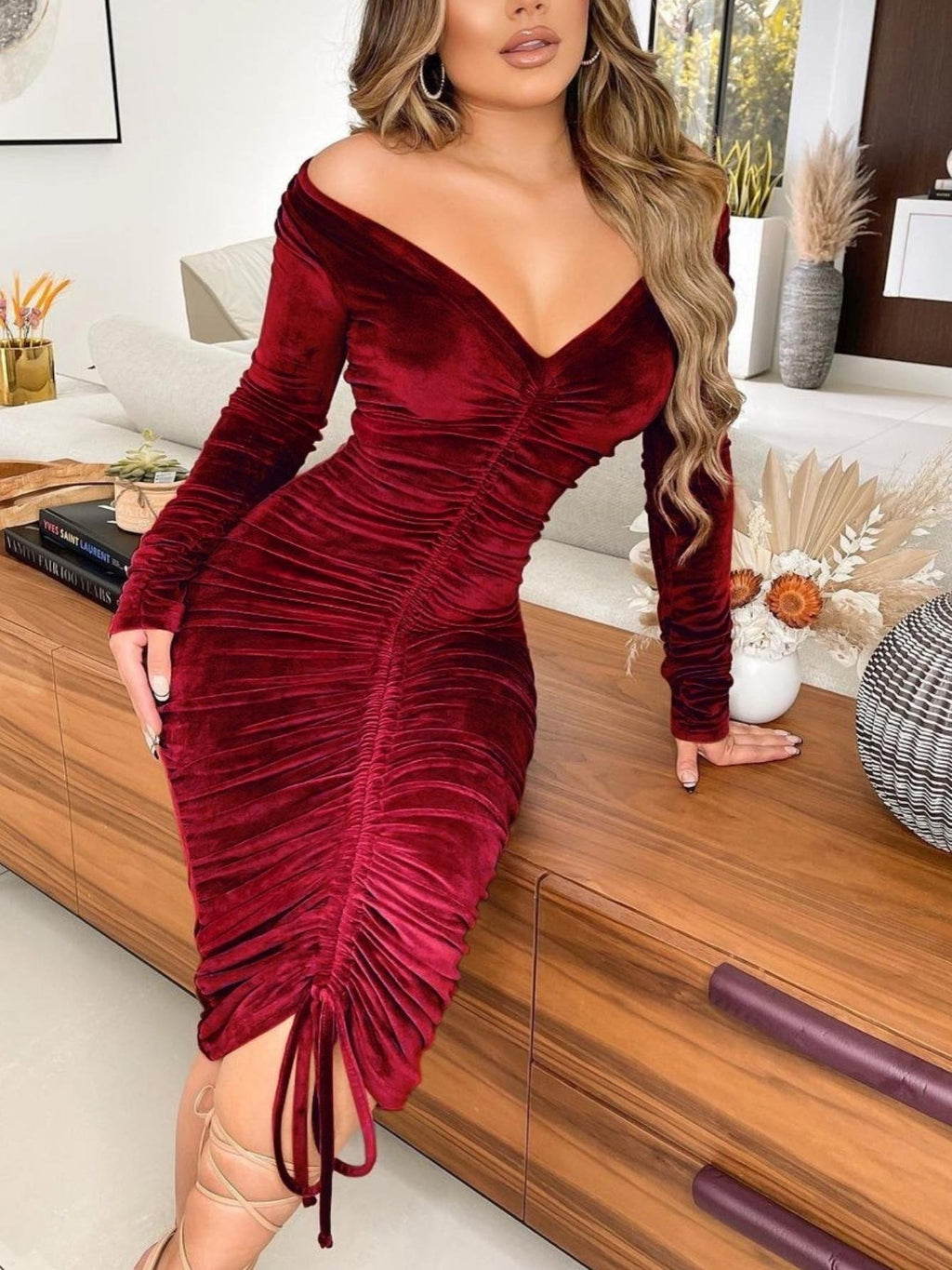 V Neck Off The Shoulder Velvet Ruched Mid-Length Dress