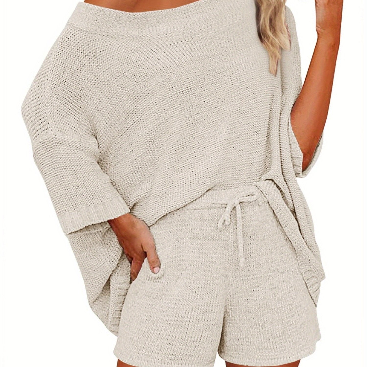 Women's 2pcs Outfits Sweater Sets Off Shoulder Knit Top Shorts Matching Suits Cute Pajama Lounge Set