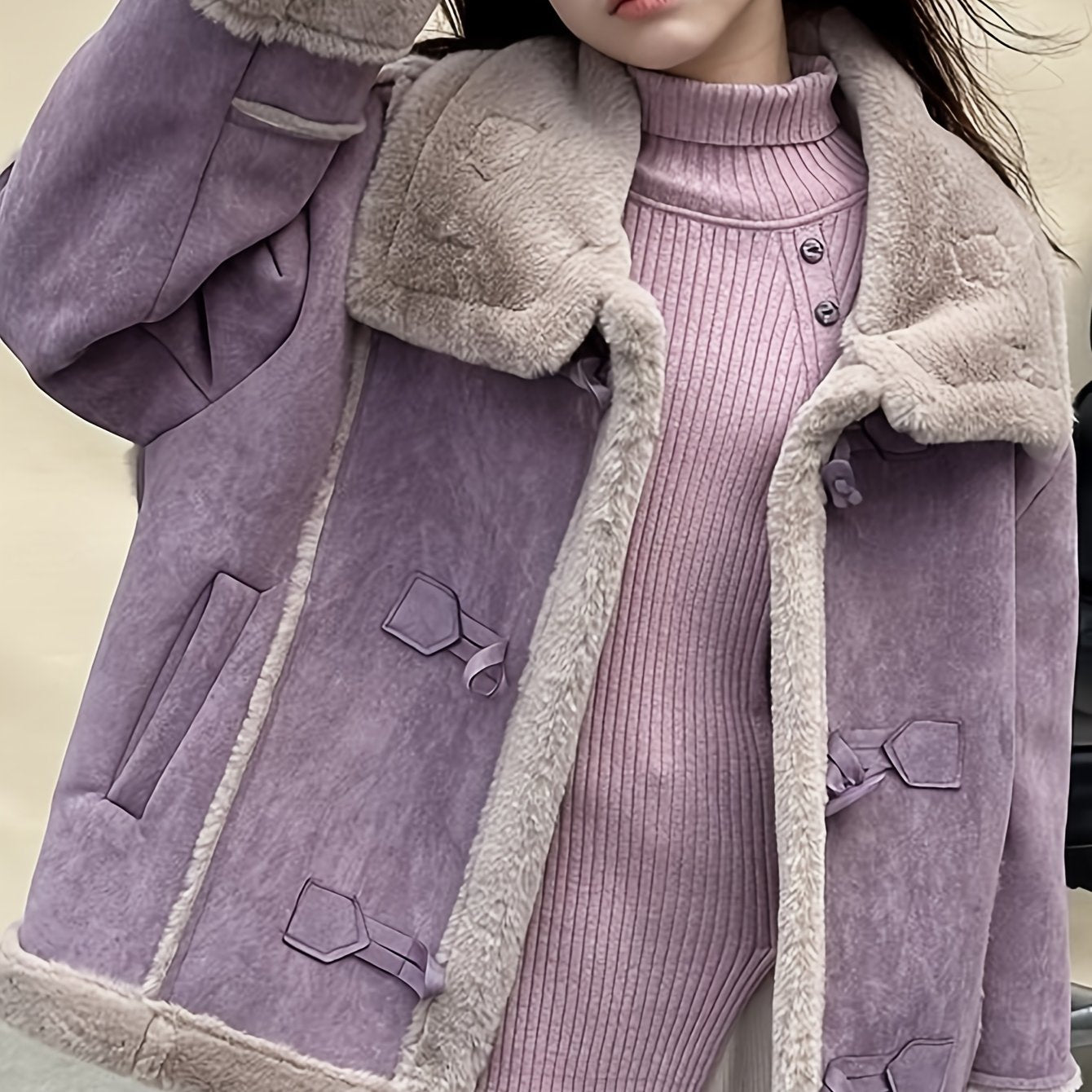 Plush-Lined Button-Front Cardigan-Style Coat with Stand Collar