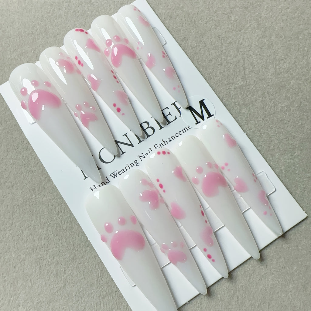 10pcs Set Handmade Wearable Nail Stickers for Women, Full Coverage, Reusable, Super Long Teardrop Shape, Pink & White with 3D Cat Paw and Heart Design, Glossy Finish