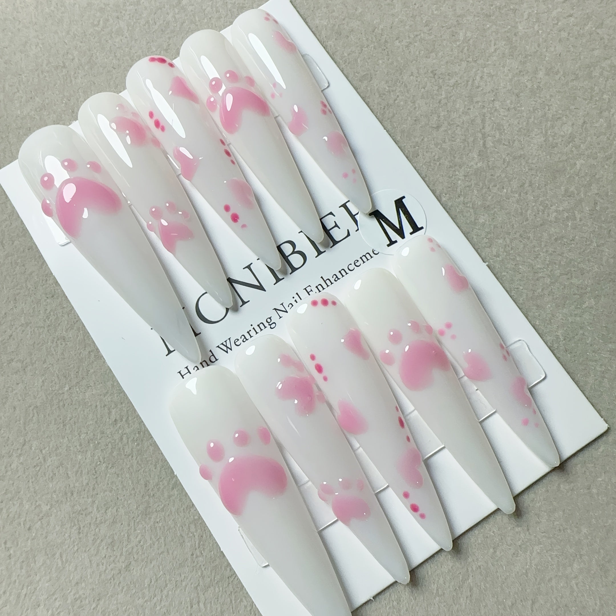 10pcs Set Handmade Wearable Nail Stickers for Women, Full Coverage, Reusable, Super Long Teardrop Shape, Pink & White with 3D Cat Paw and Heart Design, Glossy Finish