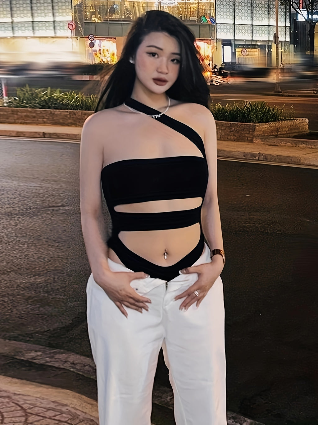 Chic Asymmetric Top with Waist Accent