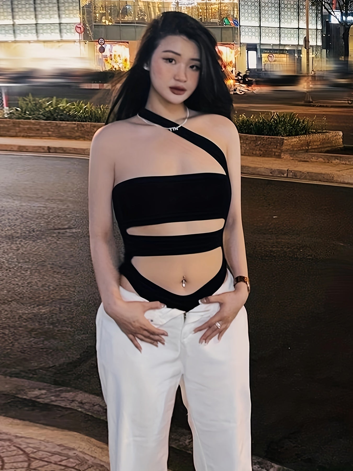 Chic Asymmetric Top with Waist Accent