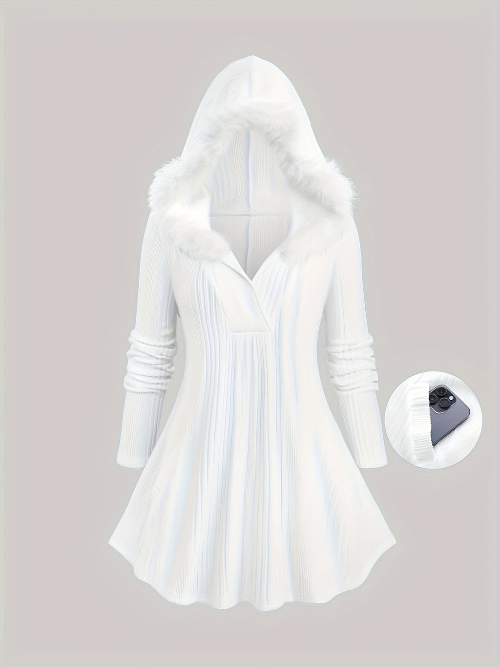 Solid Color Surplice Ribbed Textured Fleece Trim Hooded Top