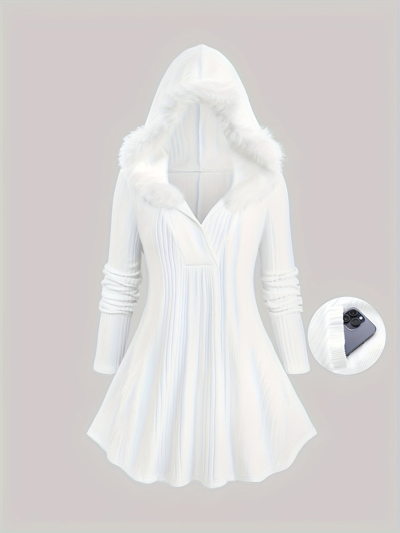 Solid Color Surplice Ribbed Textured Fleece Trim Hooded Top