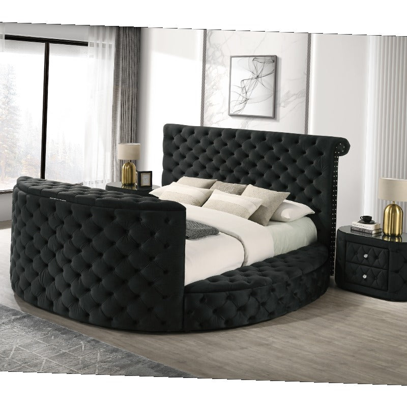 1pc Luxurious Oval Nightstand with Plush Upholstery, 8mm Tempered Glass Top & Two Storage Drawers - Elegant Black Finish, Rounded Sides & Sparkling Knobs - Modern Bedside Furniture with Tufted-Like Headboard Design, No Assemb