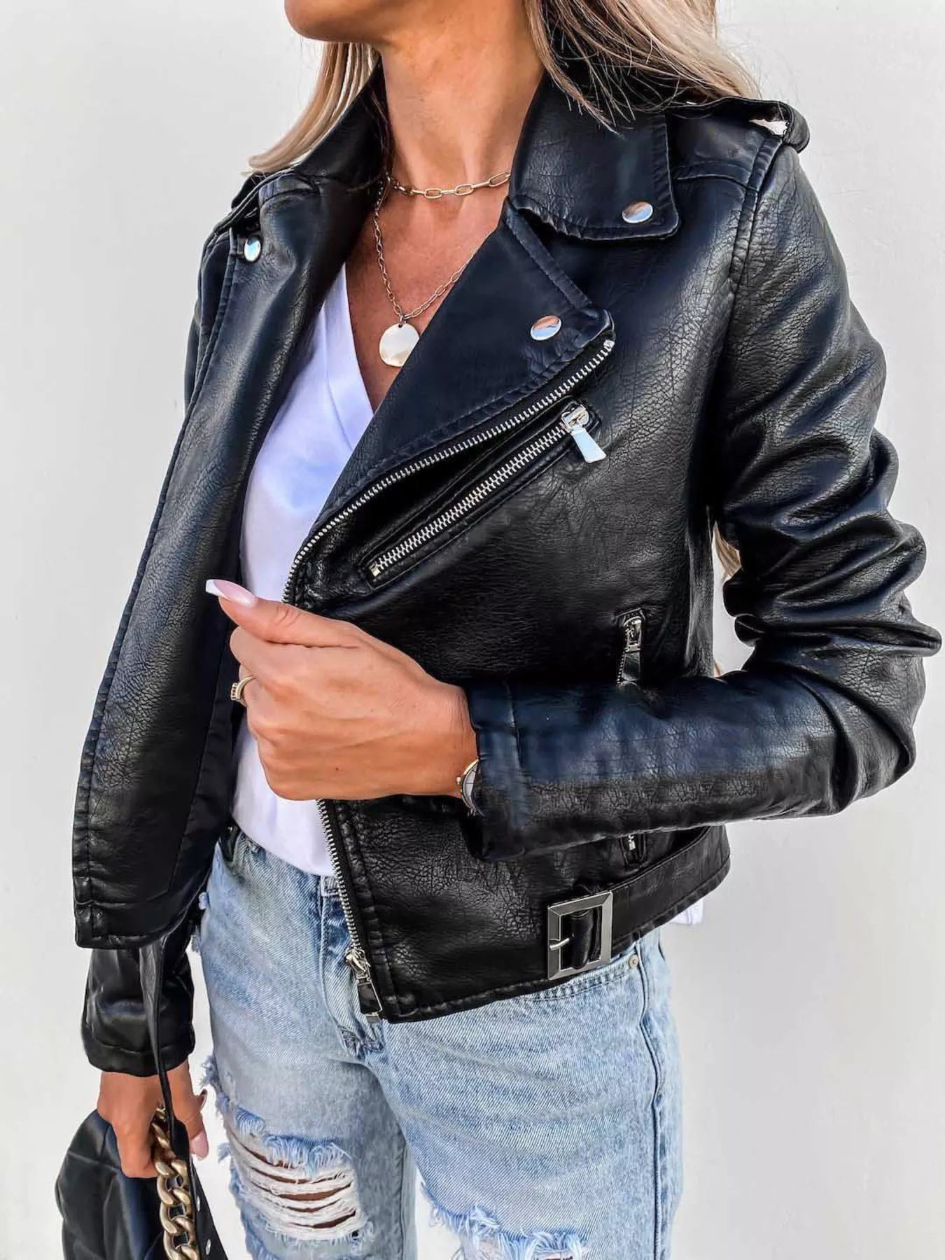 Full Size Zip Up Leather Motorcycle Biker Jacket Plus Size