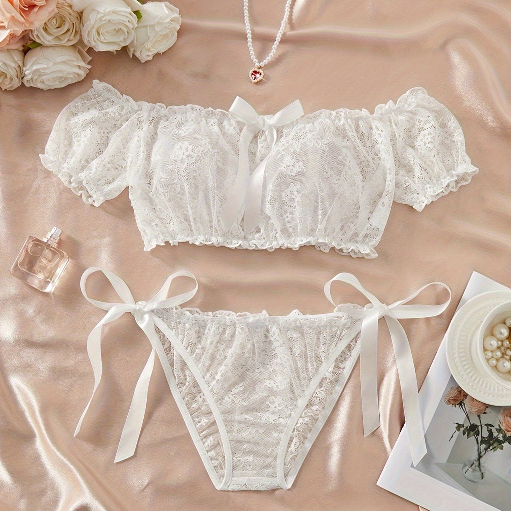 Lace Splicing Off-the-Shoulder Bow Tie Lingerie Set