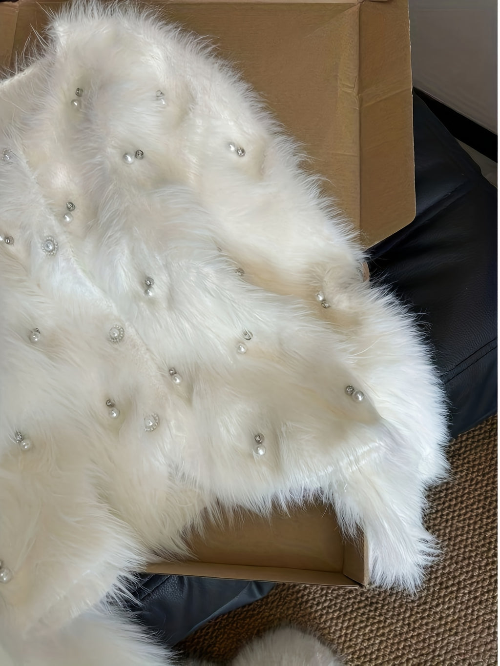 Pearl-Adorned White Sweater Jacket