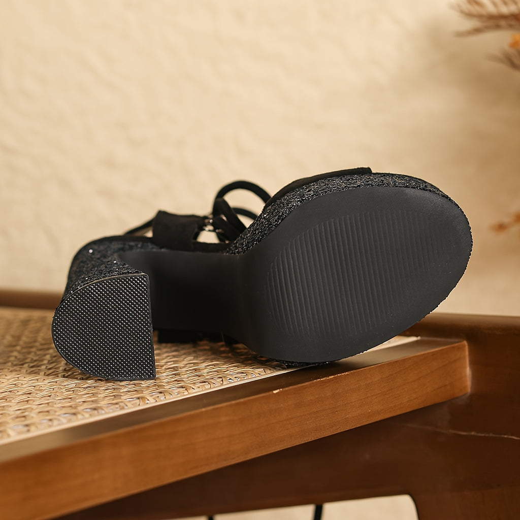 Open Toe Strap Black Thick Sole High Heel