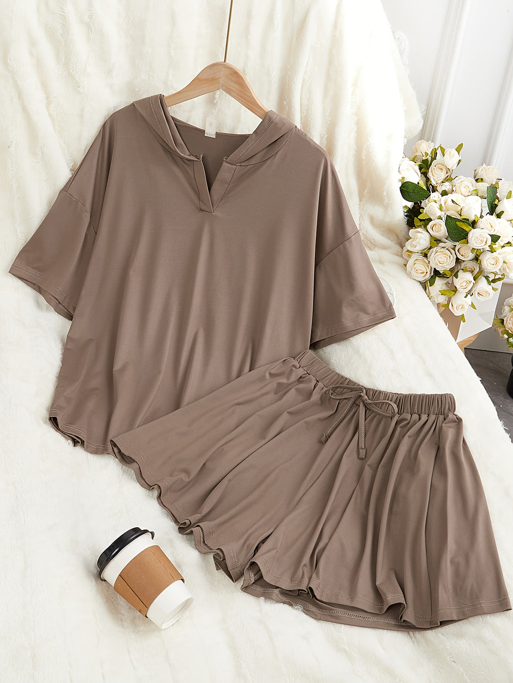 Casual Solid Color Hoodie Sweatshirt and Drawstring Shorts Set