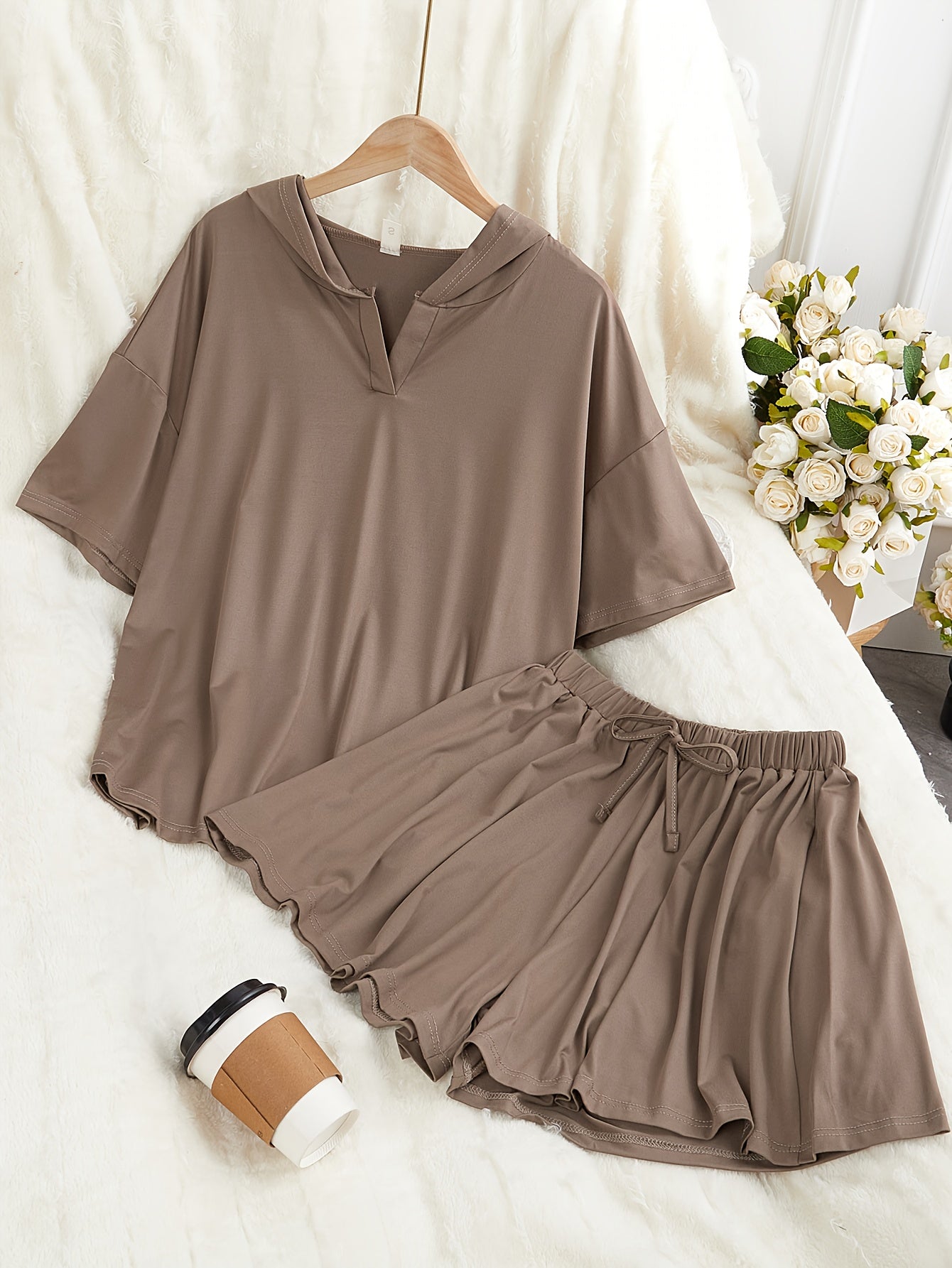 Casual Solid Color Hoodie Sweatshirt and Drawstring Shorts Set