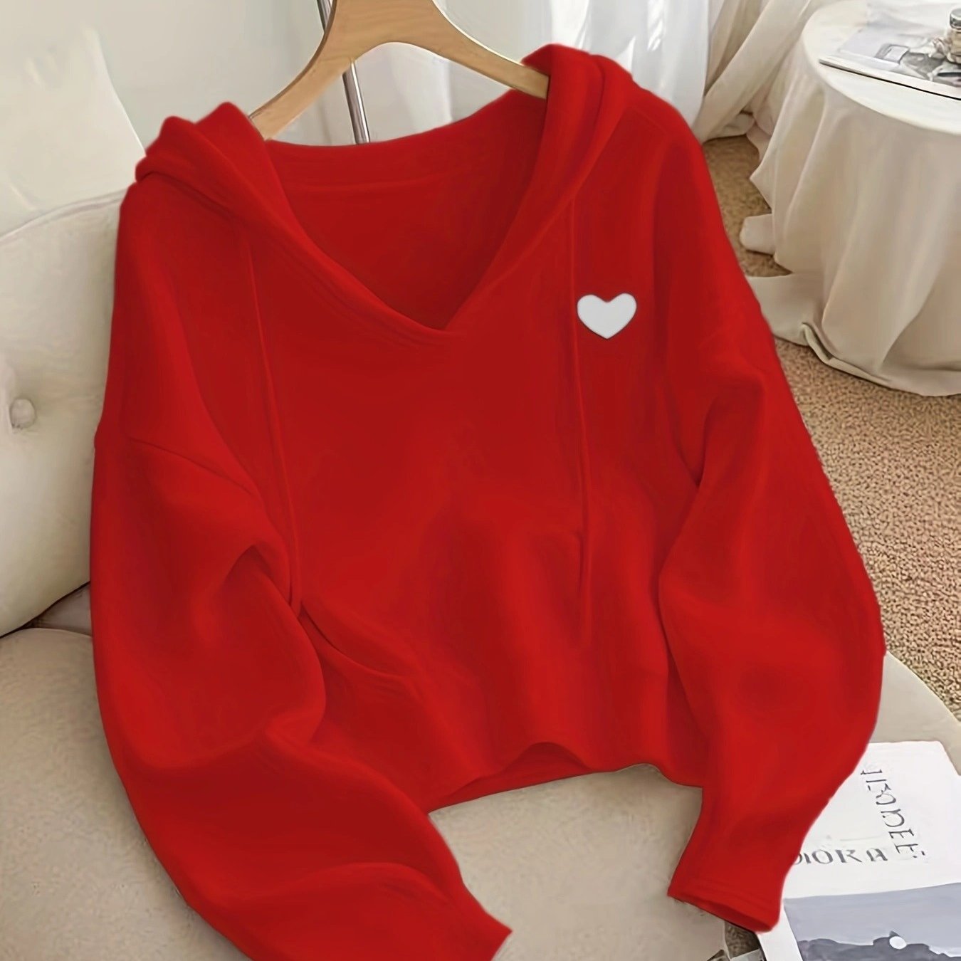Women's Oversized Hooded Sweatshirt with Red Heart Patch - Cozy Long Sleeve Pullover, Medium Stretch Fabric, Drawstring Hood & Ribbed Cuffs for Fall Winter Casual Wear, Seasonal Wardrobe, Chic Pullover, Durable Construction,