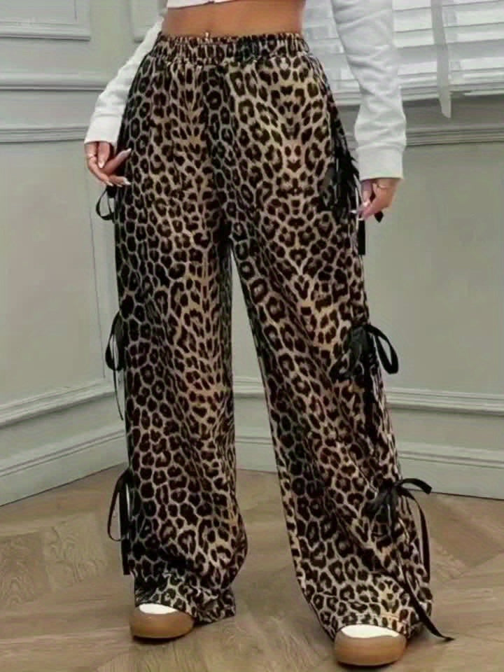 Side Bow Tie Design Straight Leopard Pattern Printed Trousers