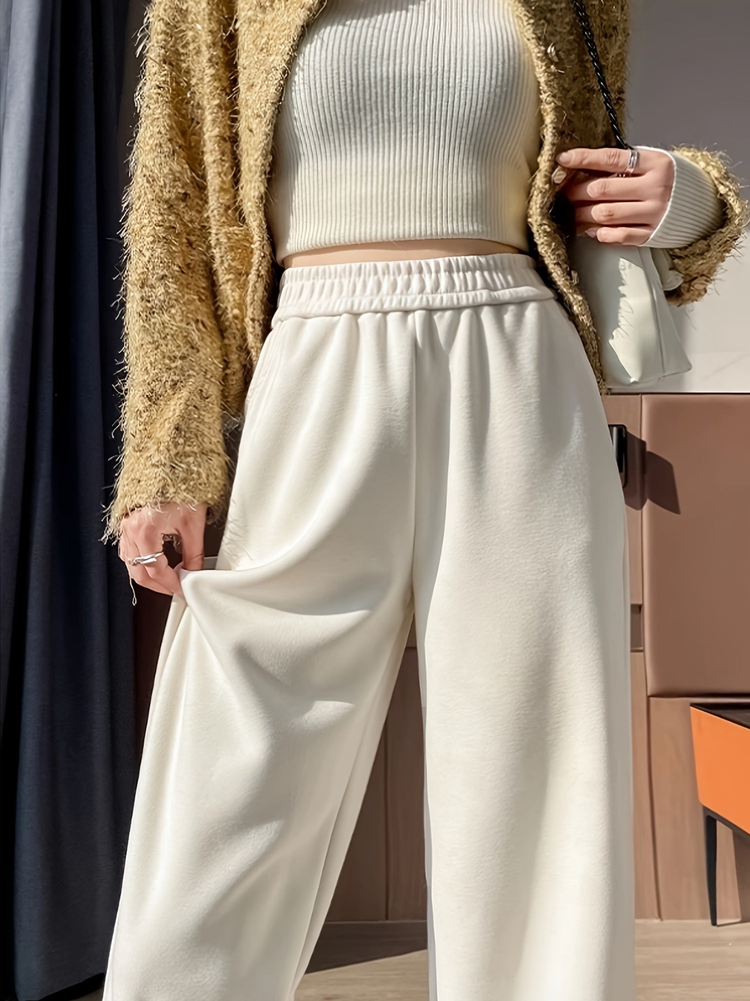 Women'S High-Waisted Wide-Leg Pants - Thick, Comfortable, and Stylish for All Seasons, Casual Straight-Leg Trousers with Elastic Waistband, Solid Color, All-Season Wear, Comfortable Fashion | Straight Leg Pants | Polyester Fa