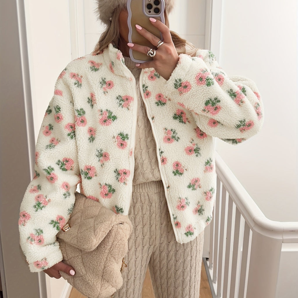 Women'S Floral Plush Cardigan Jacket - Cozy Fall/Winter Outerwear with Drop Shoulder Sleeves, Zip-Up Design, and Button Details, Lightweight & Warm for Casual Wear, Casual Wear Jacket | Floral Cardigan | Zippered Jacket