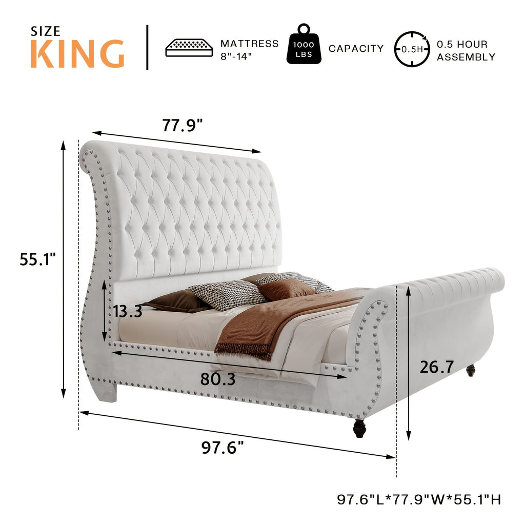 Velvet Upholstered Sleigh Bed With Scroll-Designed Headboard And Footboard