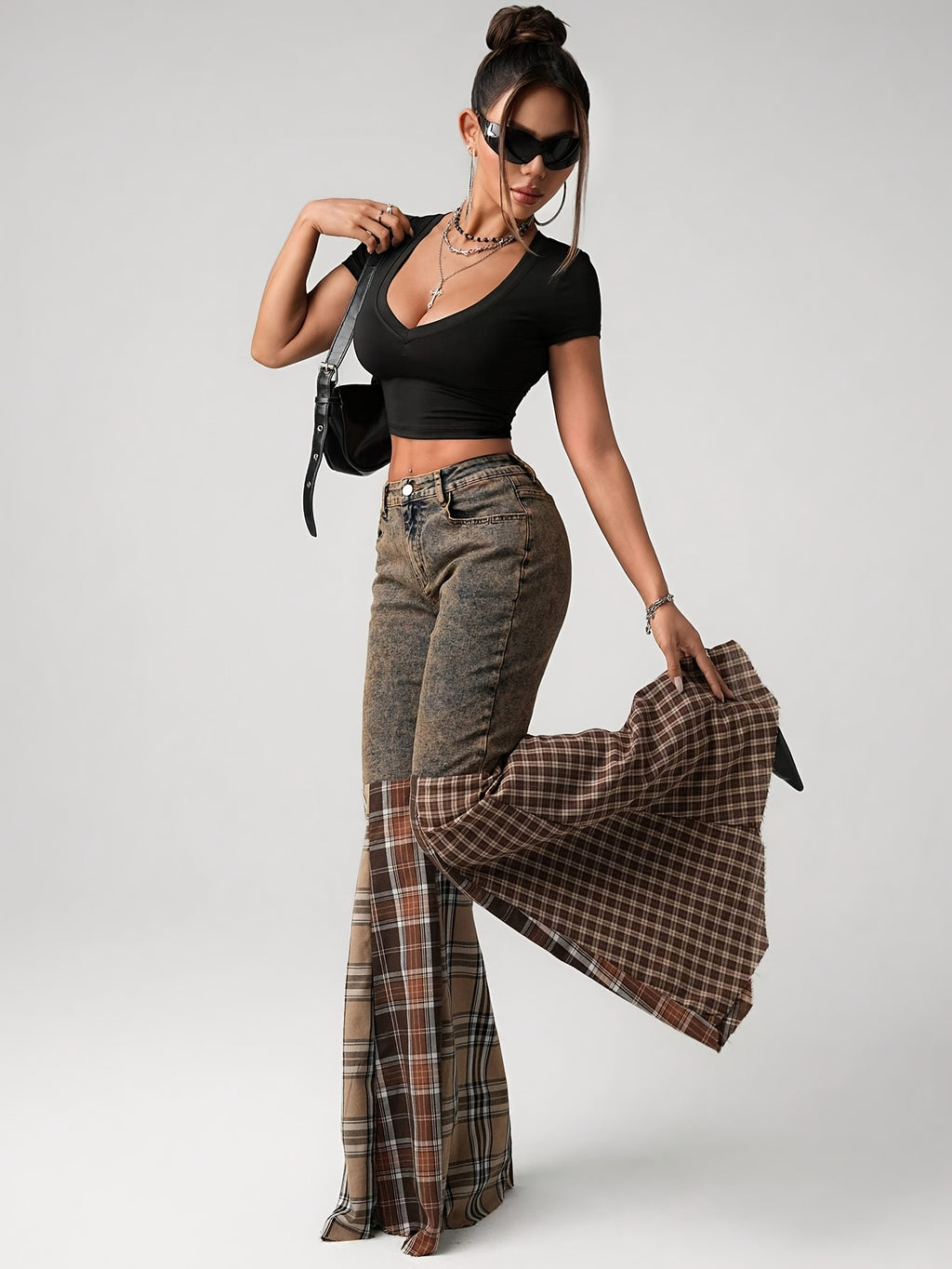 Plaid Patchwork Flared Jeans