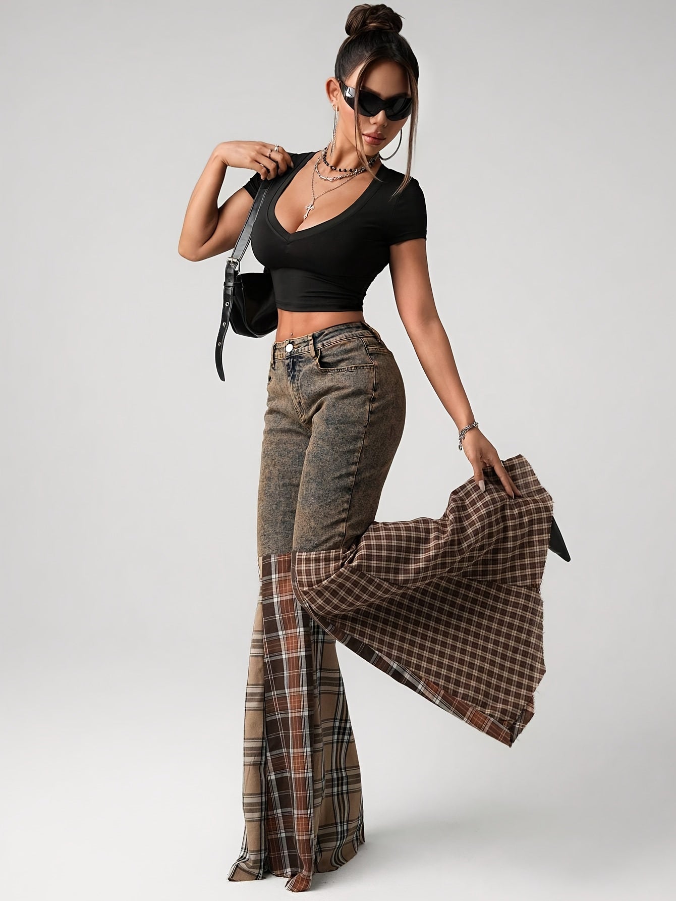 Plaid Patchwork Flared Jeans