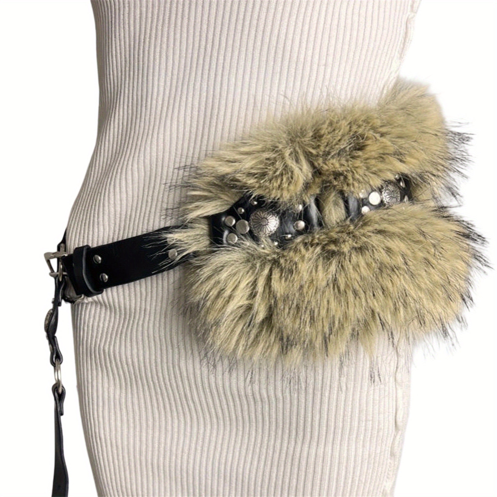 Faux Fur Leather Belt with Pin Buckle & Rivet Accent