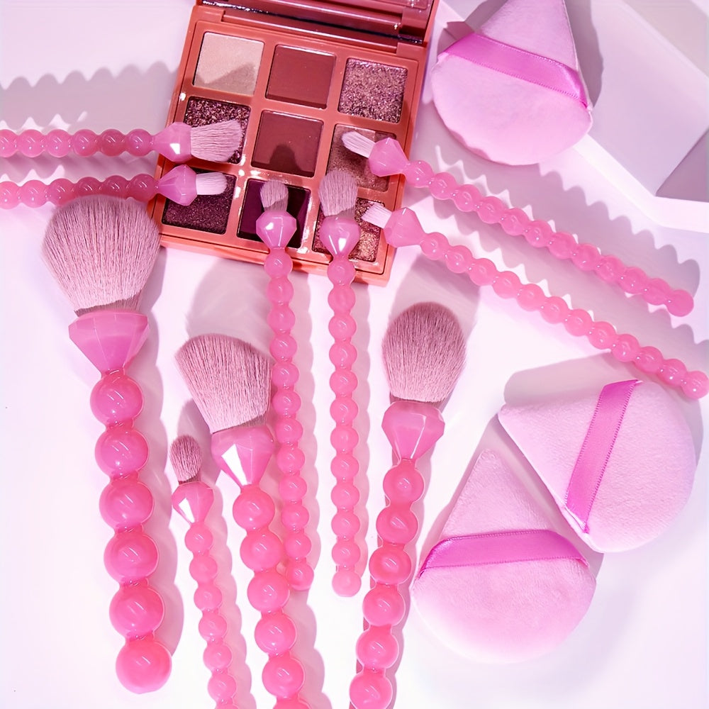 10pcs Pink Pearl Shaped Makeup Brush+3 Powder Puff Full Set Makeup Brushes