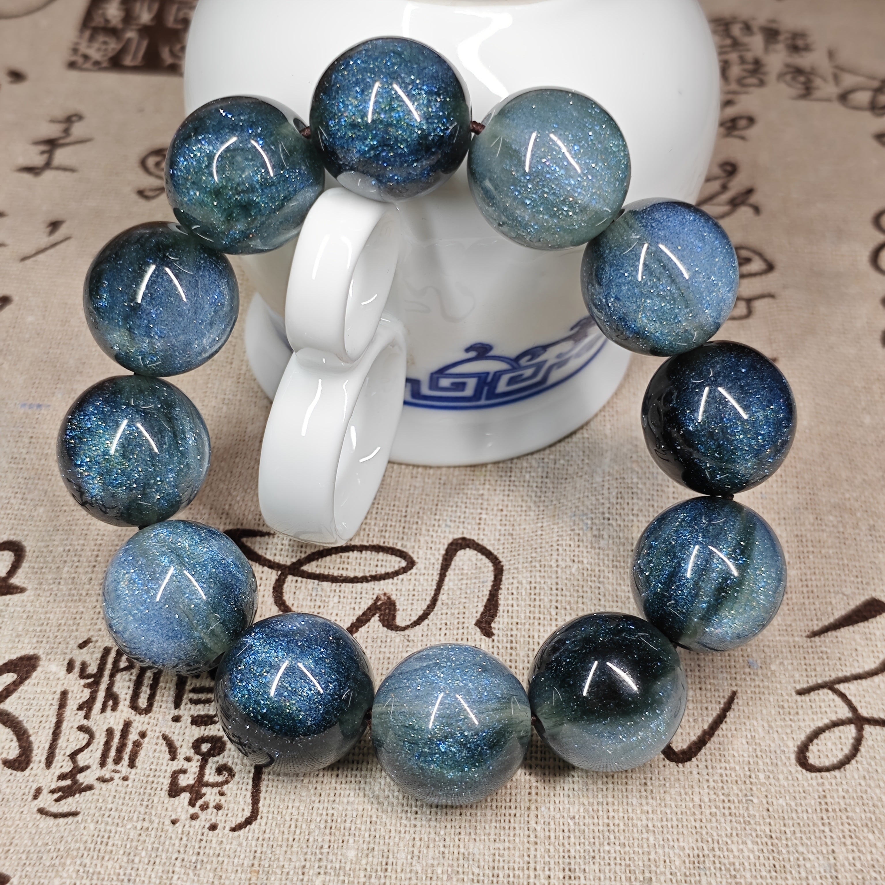 20mm Gradient Blue Sea Willow Iron Tree Fossil Secreted Large Bead Stretch Bracelet