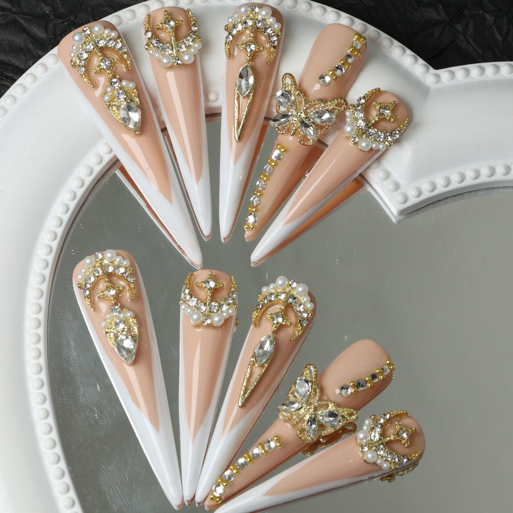 {10pcs} Handmade Extra Long French Press-On Nails with 3D Butterfly & Rhinestone Accents